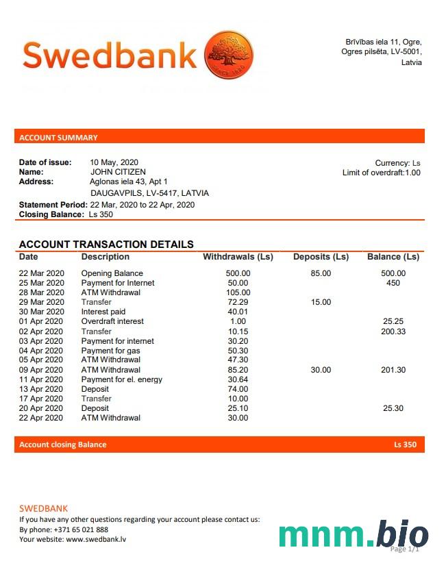 Łotwa Swedbank wyciąg bankowy szablon, Word i PDF format